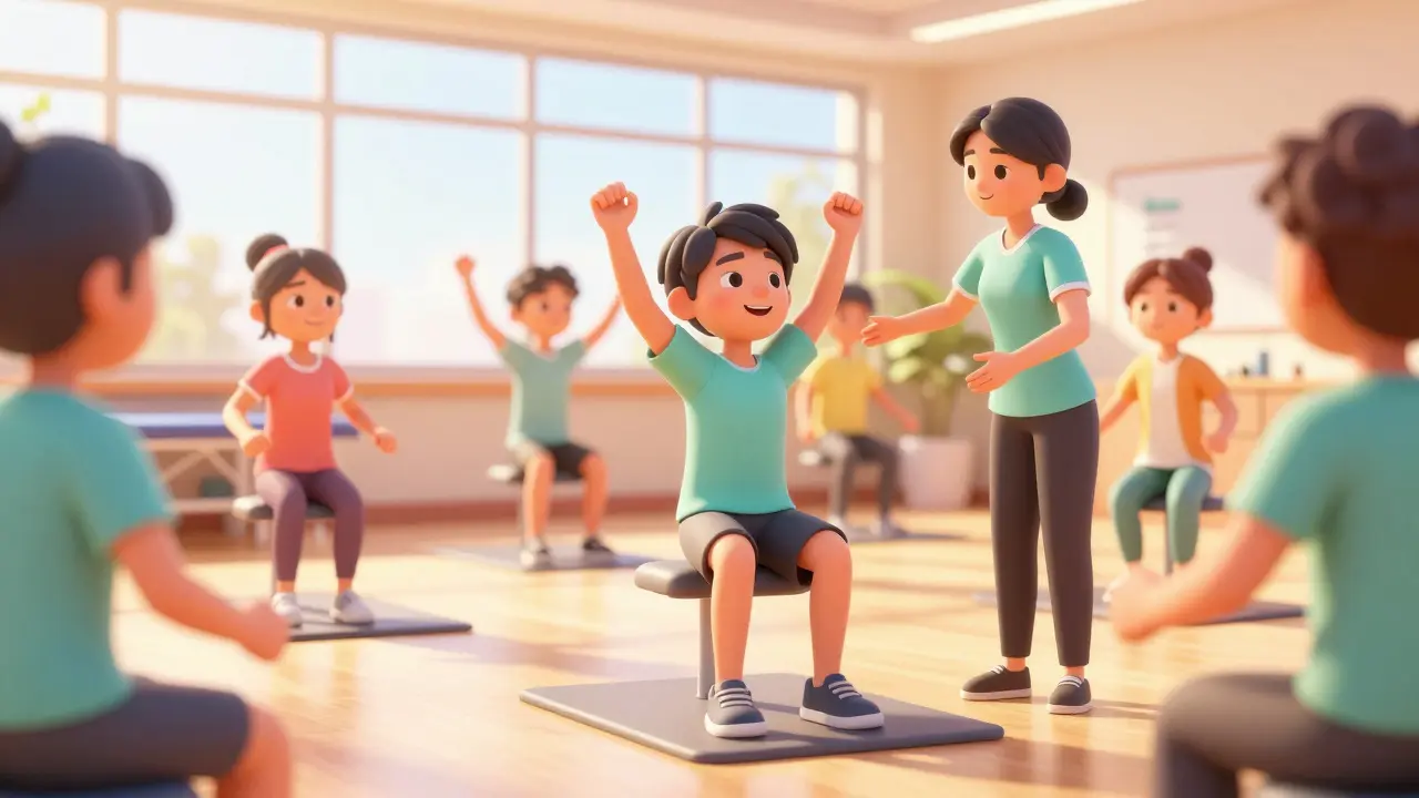 Patients exercising in a bright rehabilitation clinic with a therapist.