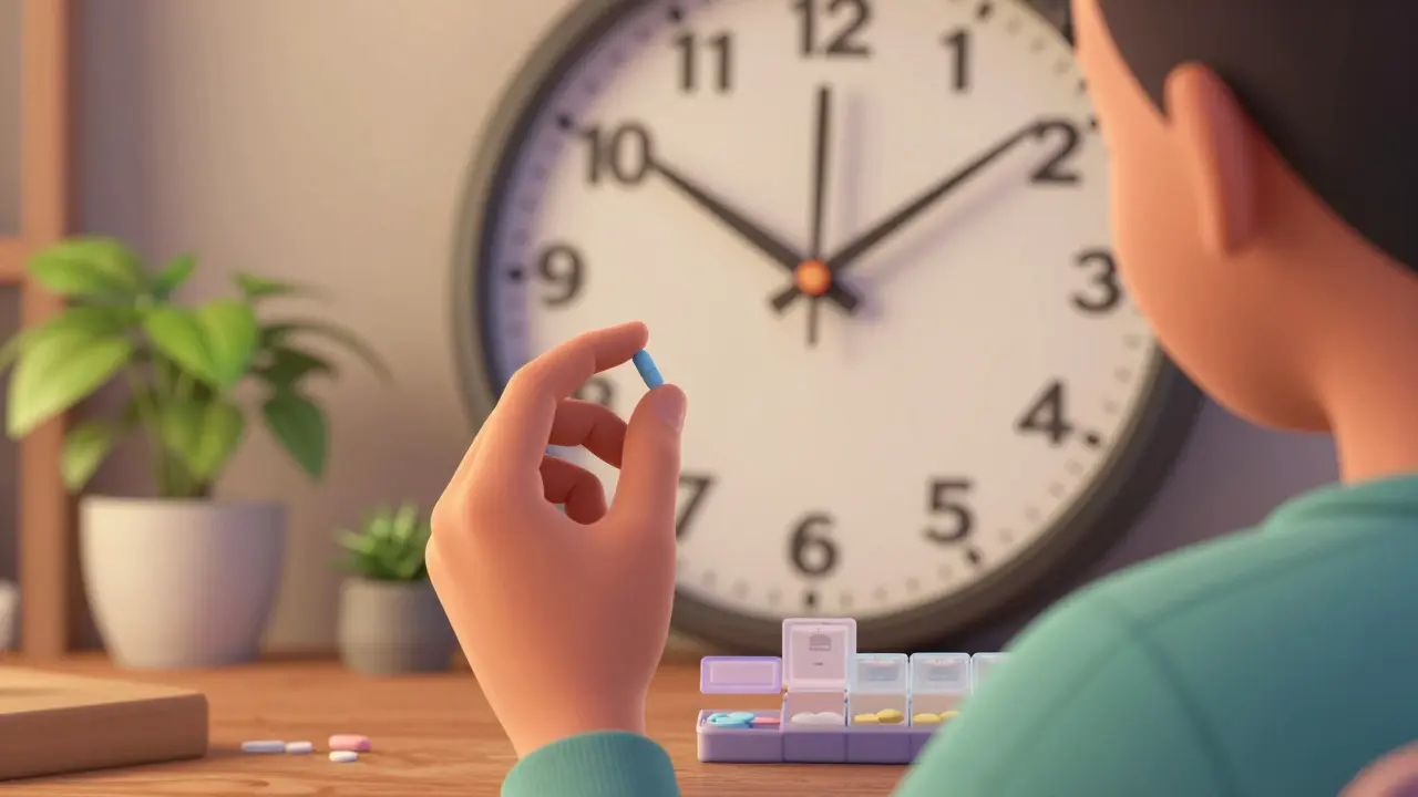Person checking clock before deciding on taking delayed pill dose