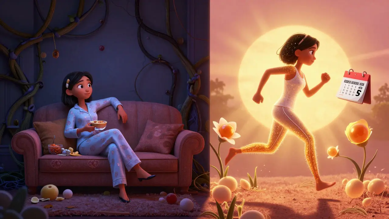 Split scene: one side shows unhealthy habits with dark vines, the other shows active lifestyle with blooming follicles.