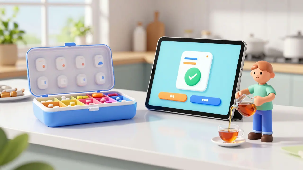 Weekly pill organizer and smartphone reminder app on kitchen table