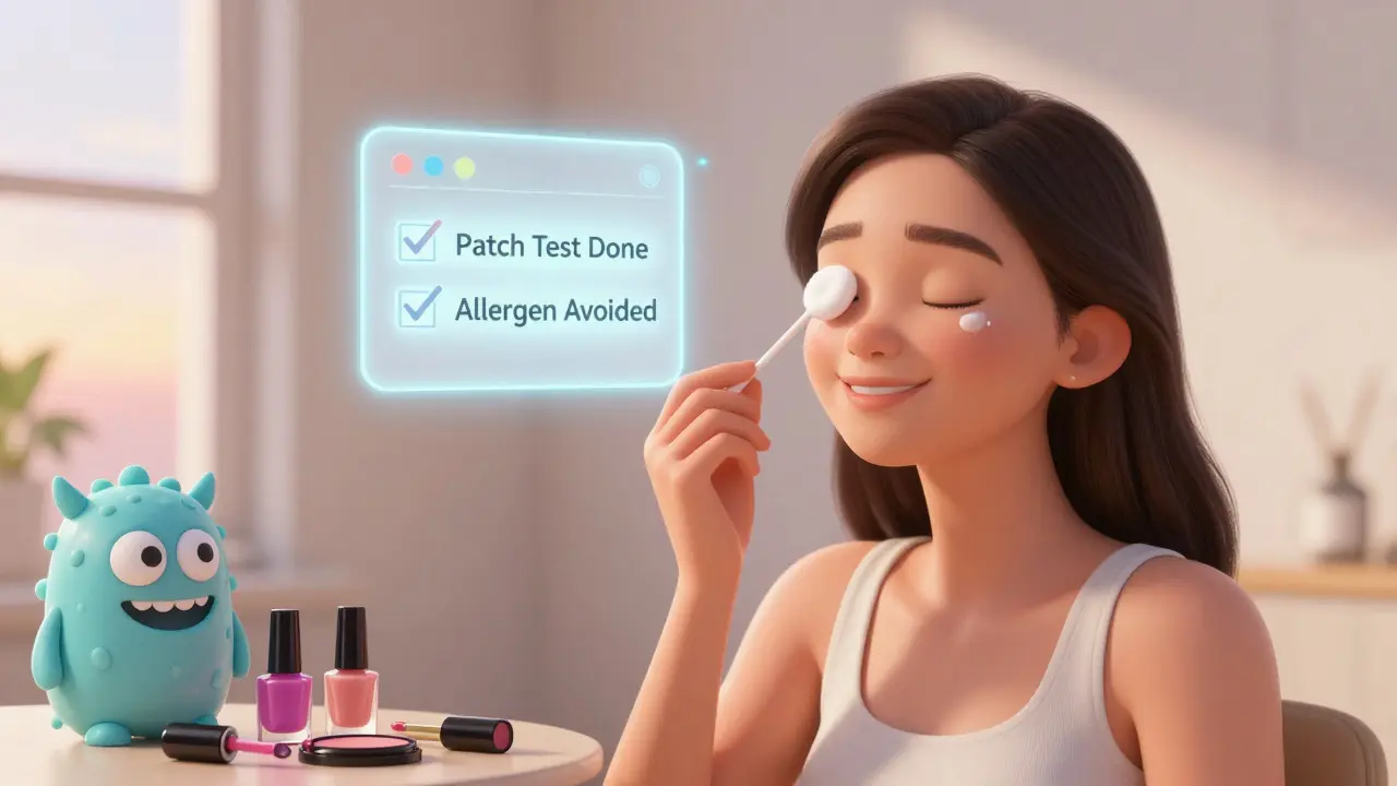 Woman gently applying petroleum jelly to her eyelids as discarded cosmetics turn into cartoon trash monsters.
