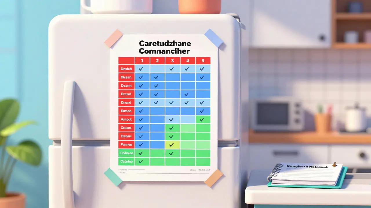 A color-coded medication list laminated and taped to a white refrigerator.