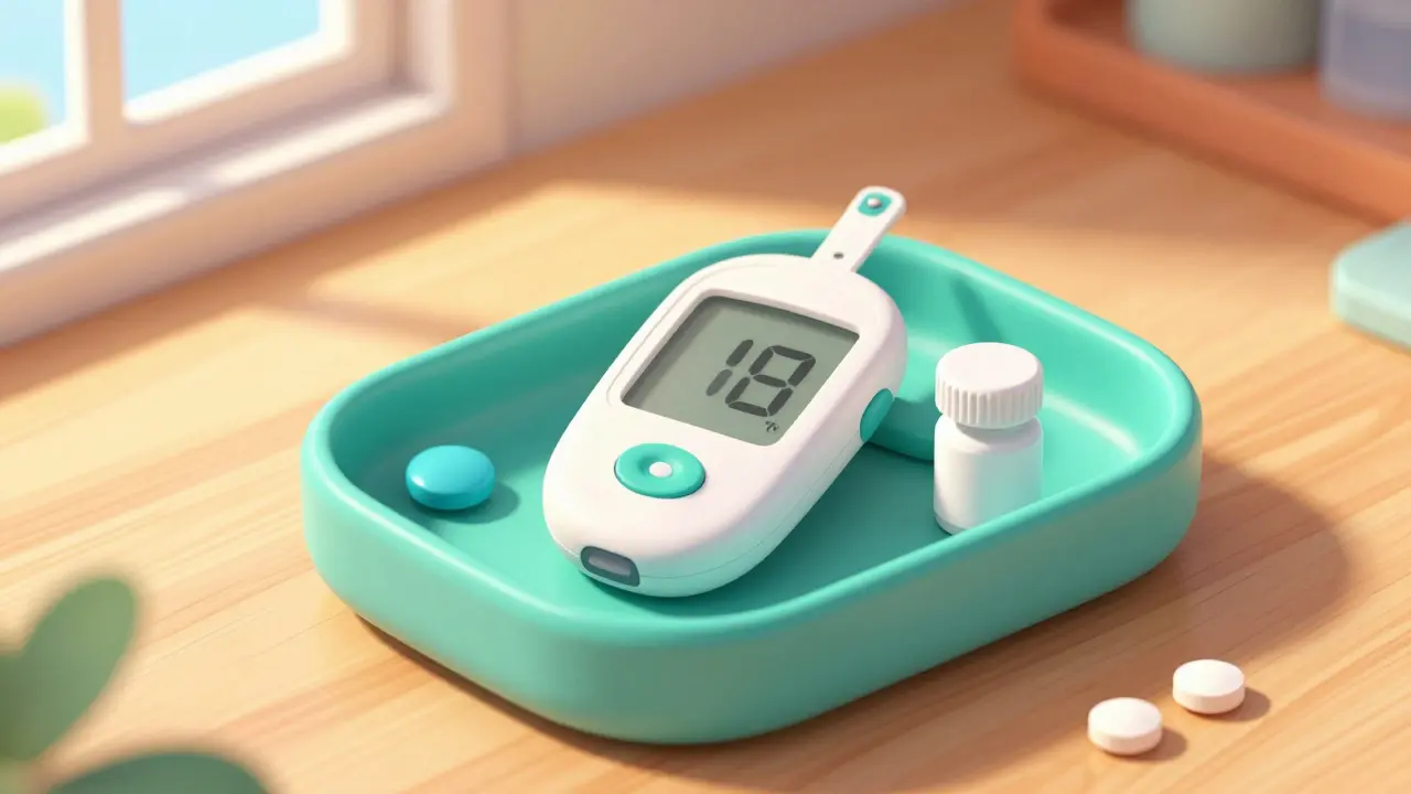 A colorful set of diabetes management tools including a monitor and medication pills.