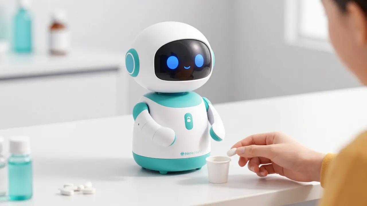 A cute automated medication dispensing robot handing a pill to a person.