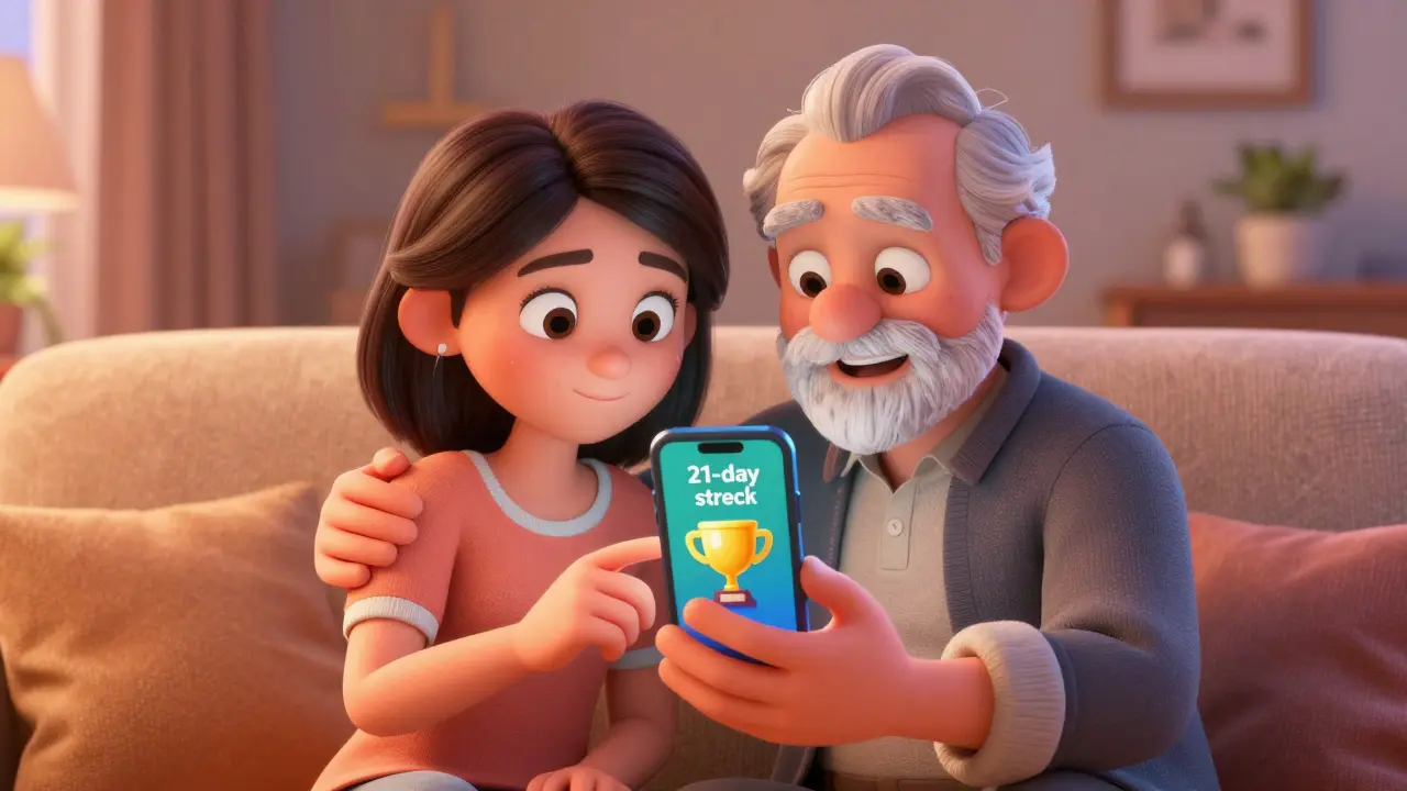 A daughter and elderly father smiling at a medication adherence streak on a phone.