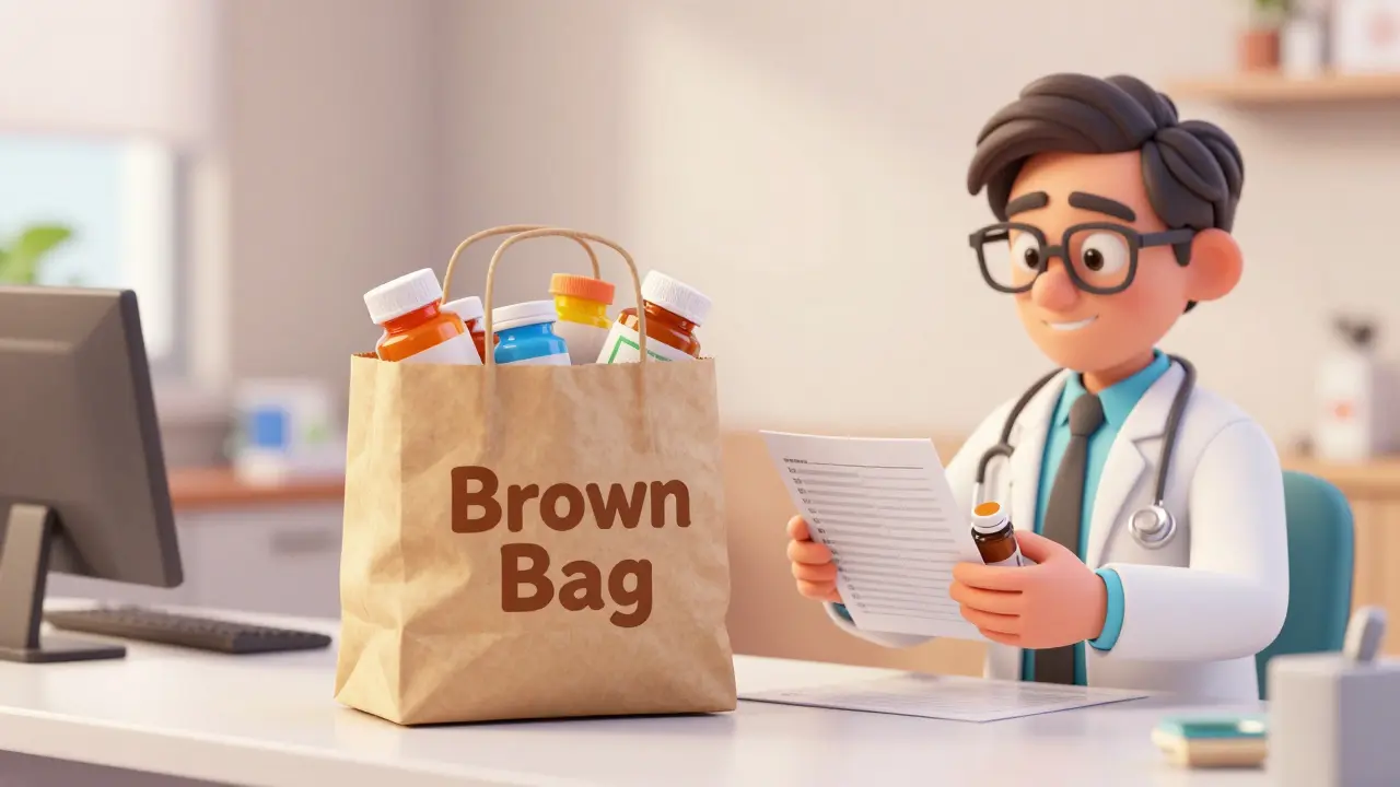 A doctor reviewing physical medication bottles from a brown bag with a list.