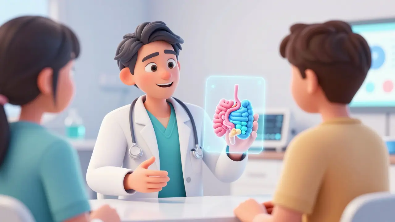 A friendly doctor explaining allergy immunotherapy using a holographic model