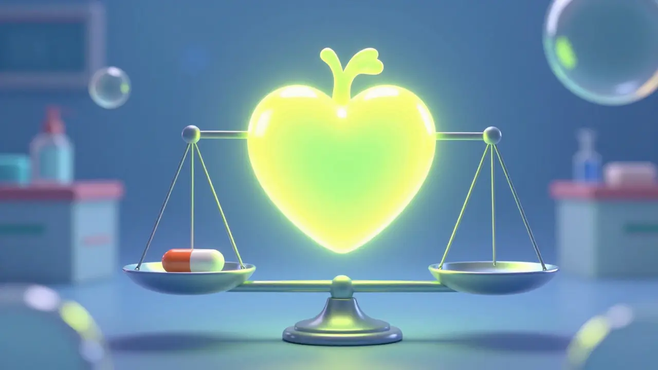 A glowing heart on a balance scale with yellow-green halos in a conceptual space.