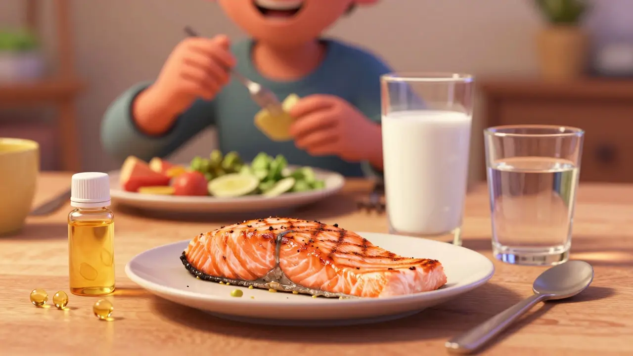 A healthy dinner with salmon, milk, and liquid vitamin D3 drops on a table.
