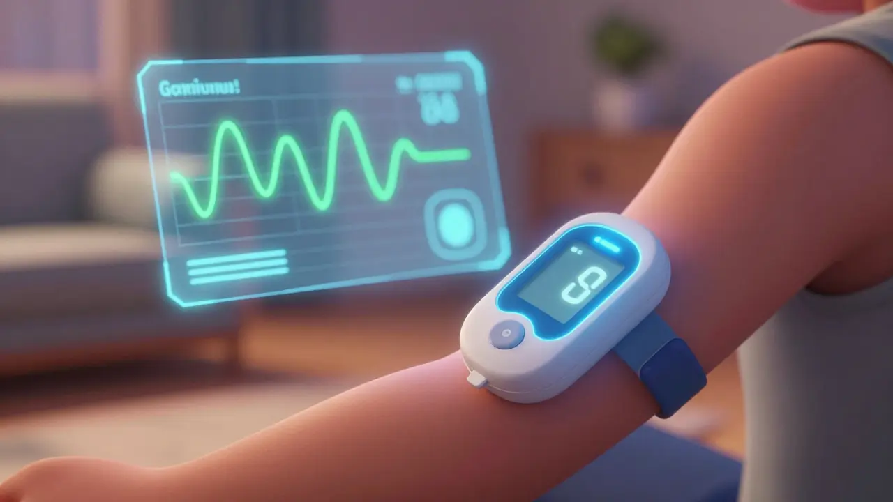 A high-tech glucose monitor on an arm with a holographic display of stable sugar levels.