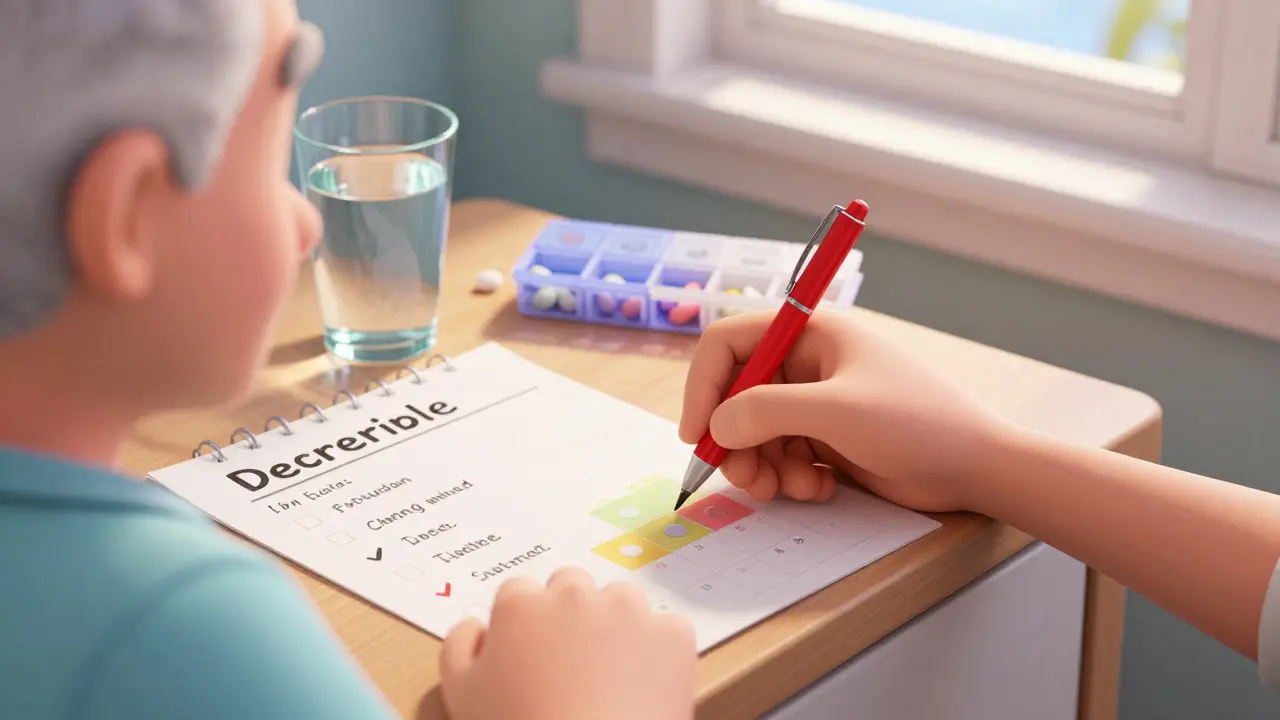 A person organizing their medication and marking a health calendar on a bedside table.