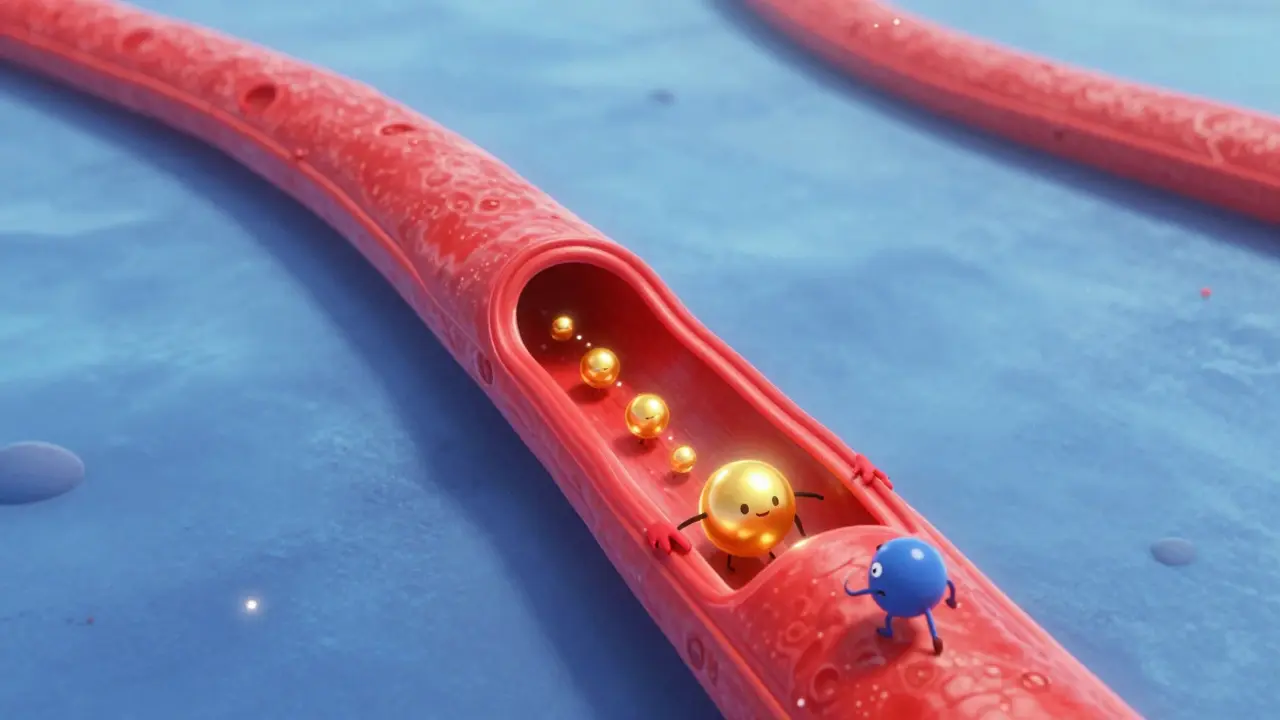Conceptual 3D illustration of medication molecules narrowing a blood vessel to increase pressure.