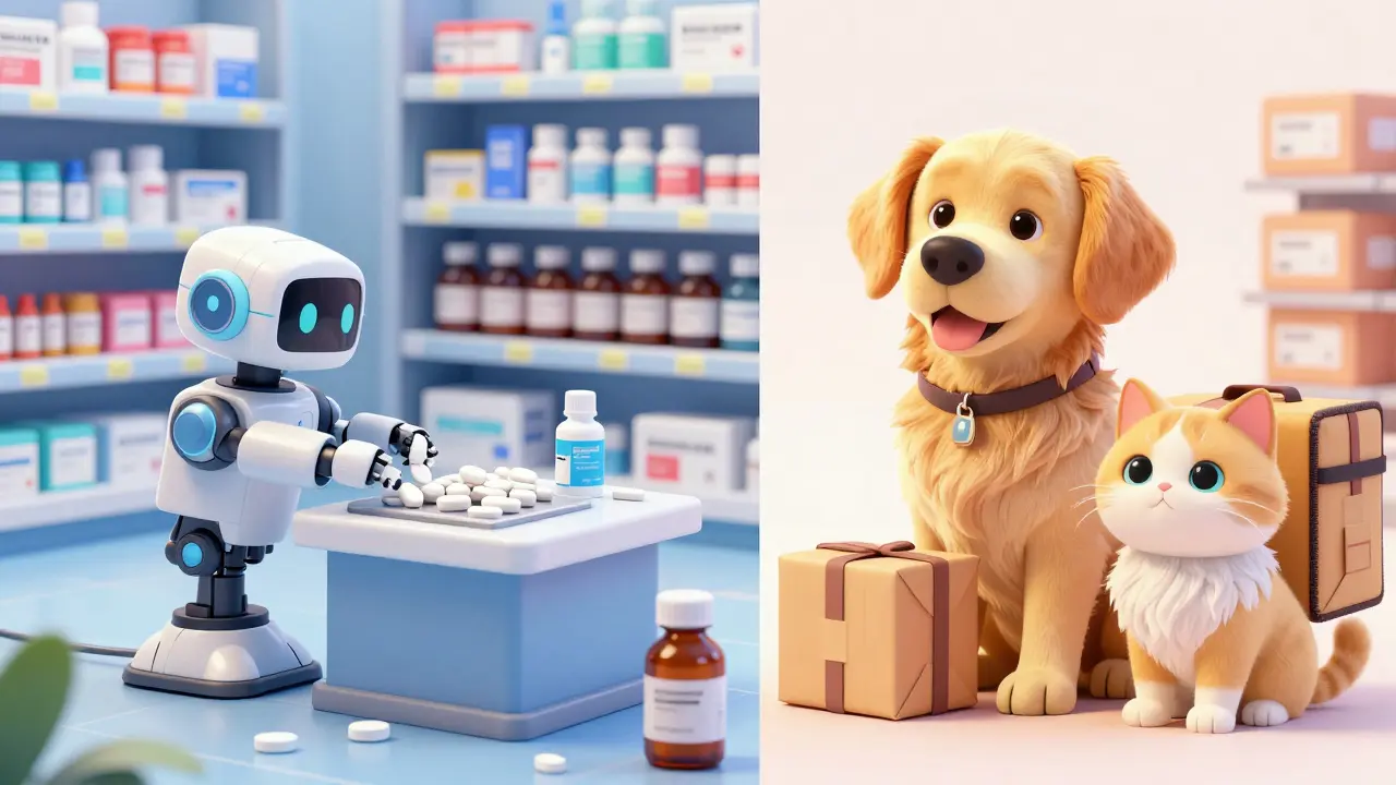 Digital pharmacy warehouse and a dog and cat waiting for a delivery