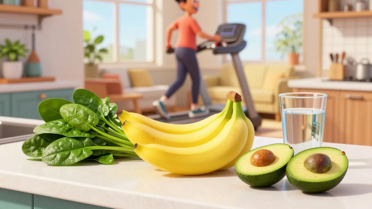 Fresh potassium-rich foods like spinach, bananas, and avocados on a bright kitchen counter.