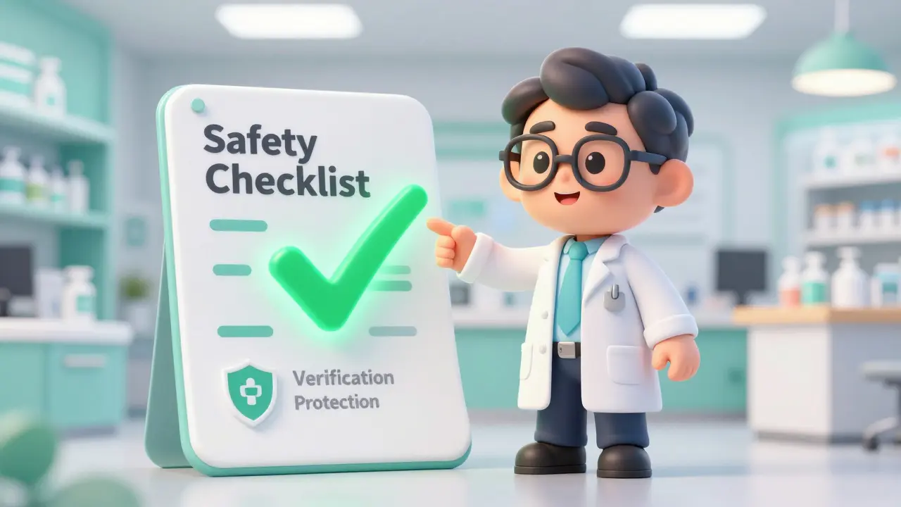 Friendly pharmacist with a green checkmark and medical prescription