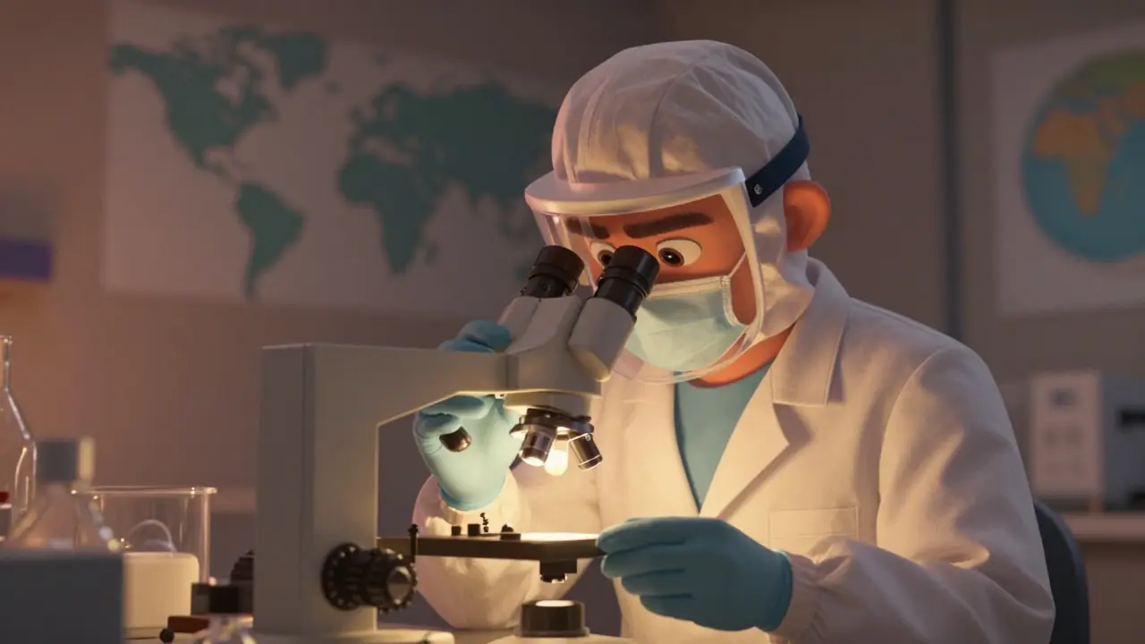 Lab technician inspecting a pill closely under warm lighting