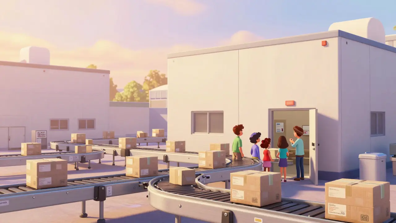 Medicines moving on conveyor belts in a sunny warehouse facility