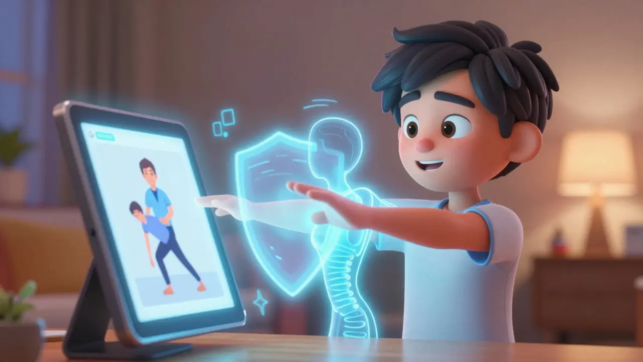 Person following a holographic exercise guide at home with a glowing blue aura around their spine.