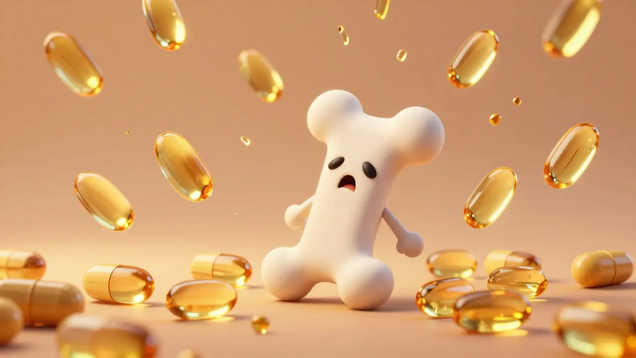 Personified bone character overwhelmed by a rain of oversized vitamin D capsules.