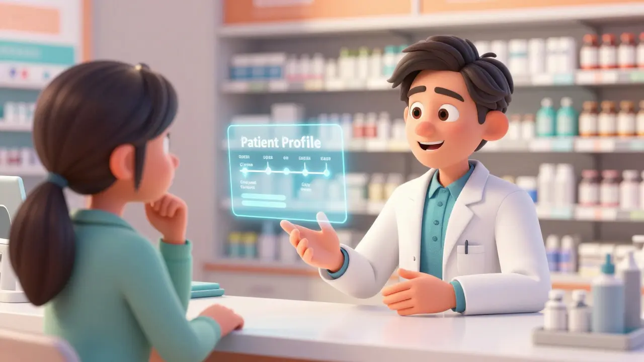 Pharmacist explaining medication safety to a patient with a holographic profile floating between them