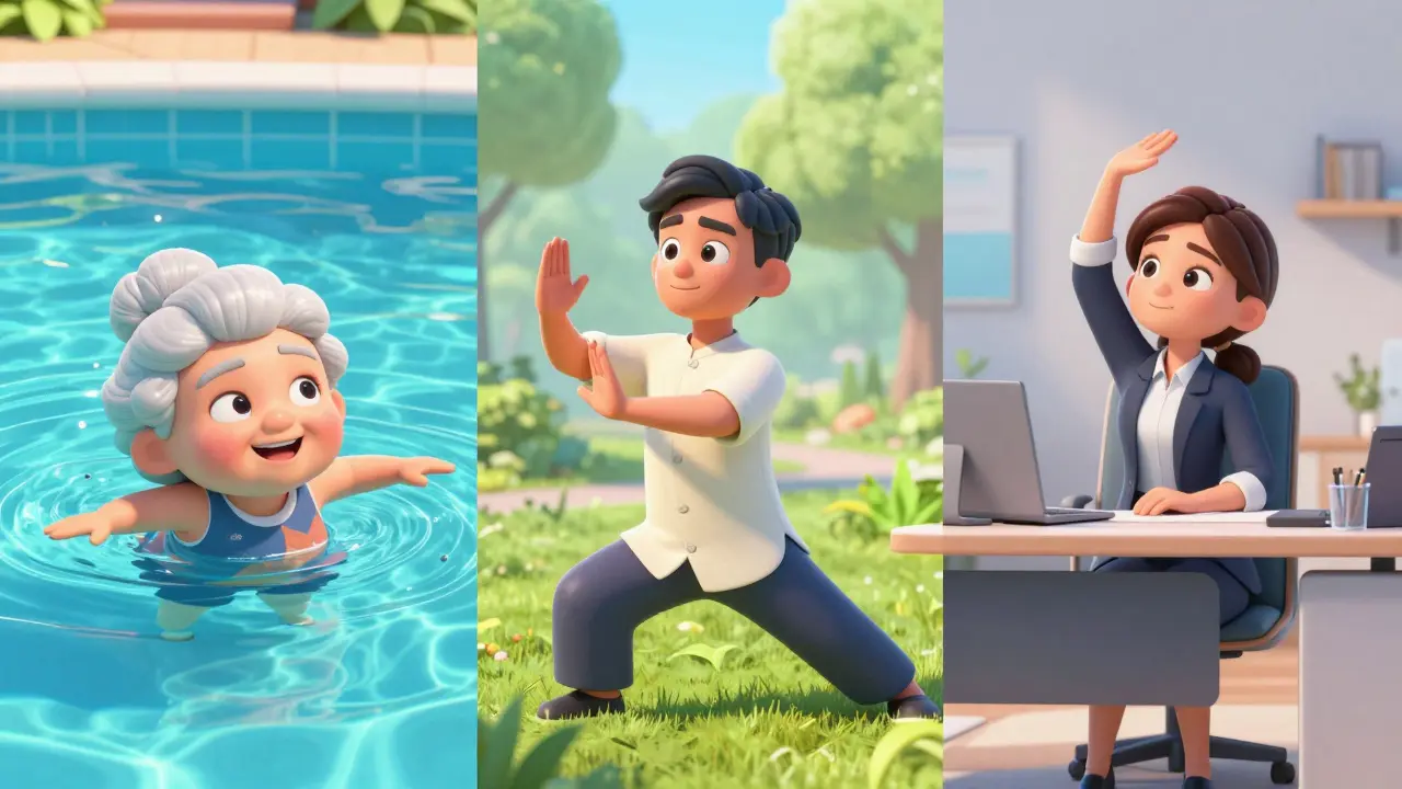 Split scene of a woman swimming, a man practicing Tai Chi, and a worker stretching at a desk.
