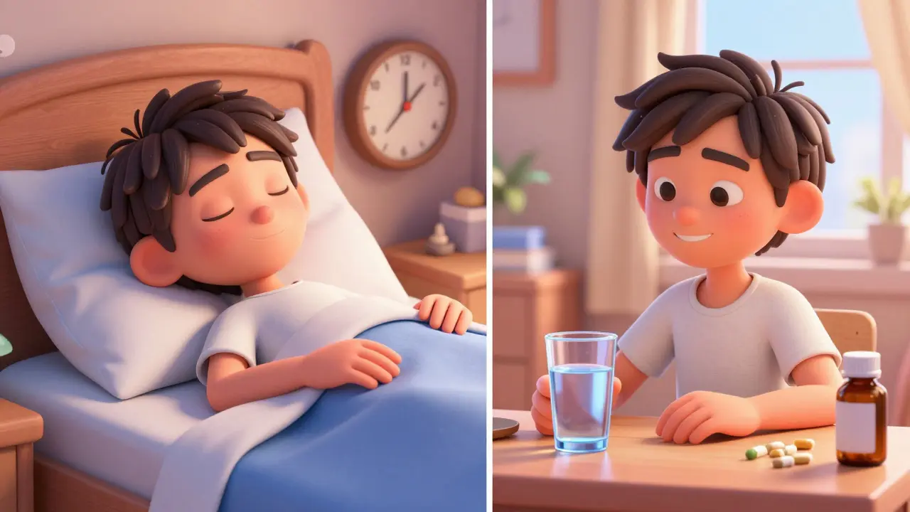 Split scene showing a person sleeping at night and waking up refreshed in the morning