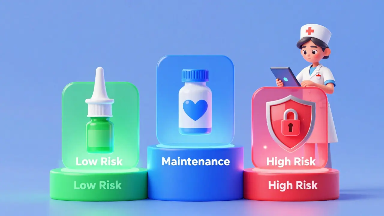 Three colorful pedestals representing low, maintenance, and high risk medication levels