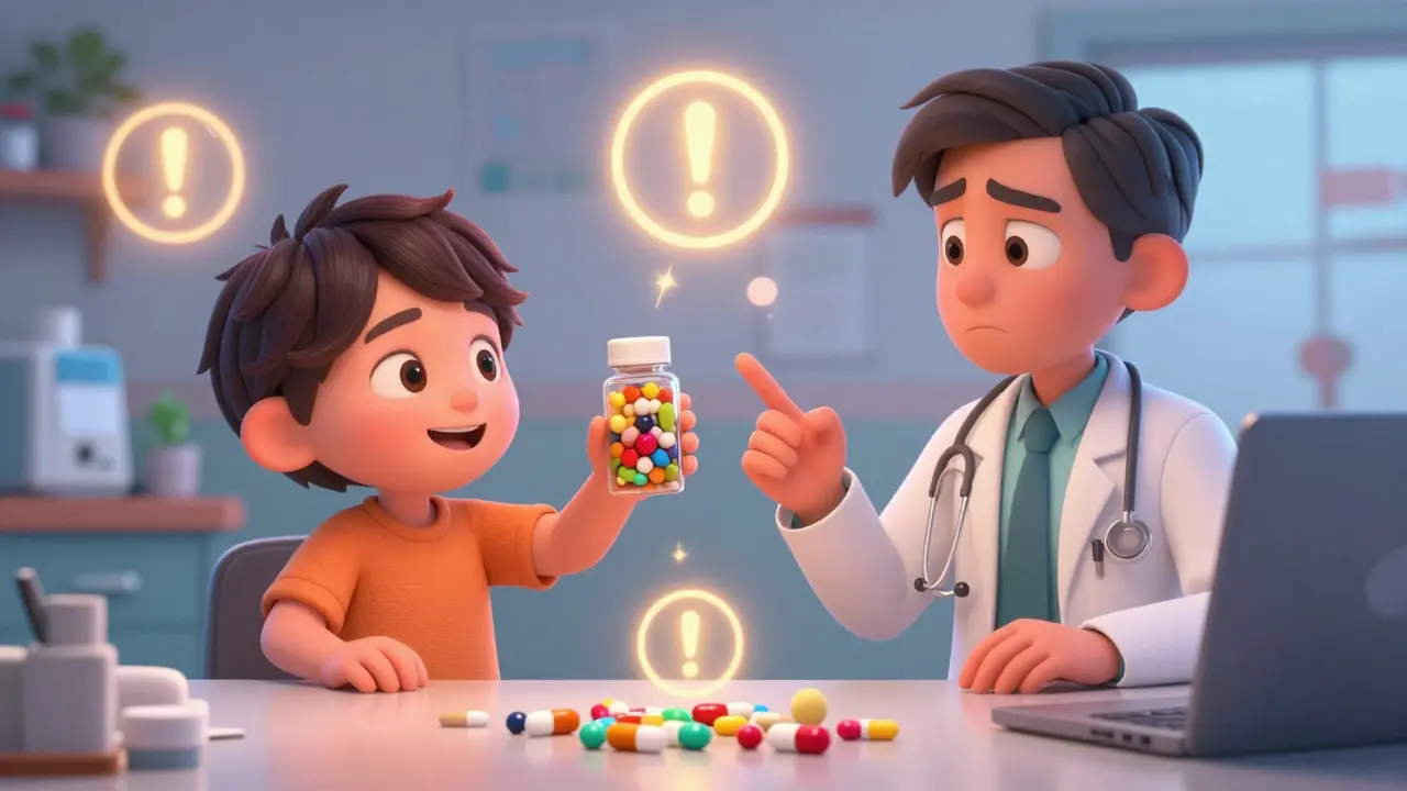 Animated patient showing supplement to doctor with interaction warnings