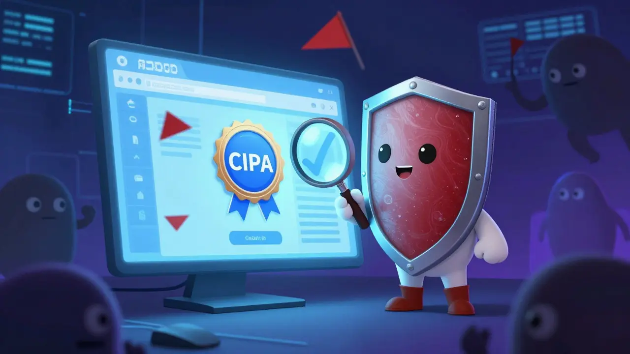 Animated shield protecting against online pharmacy scams