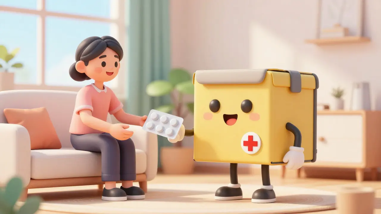 Cartoon delivery box handing medicine to happy patient