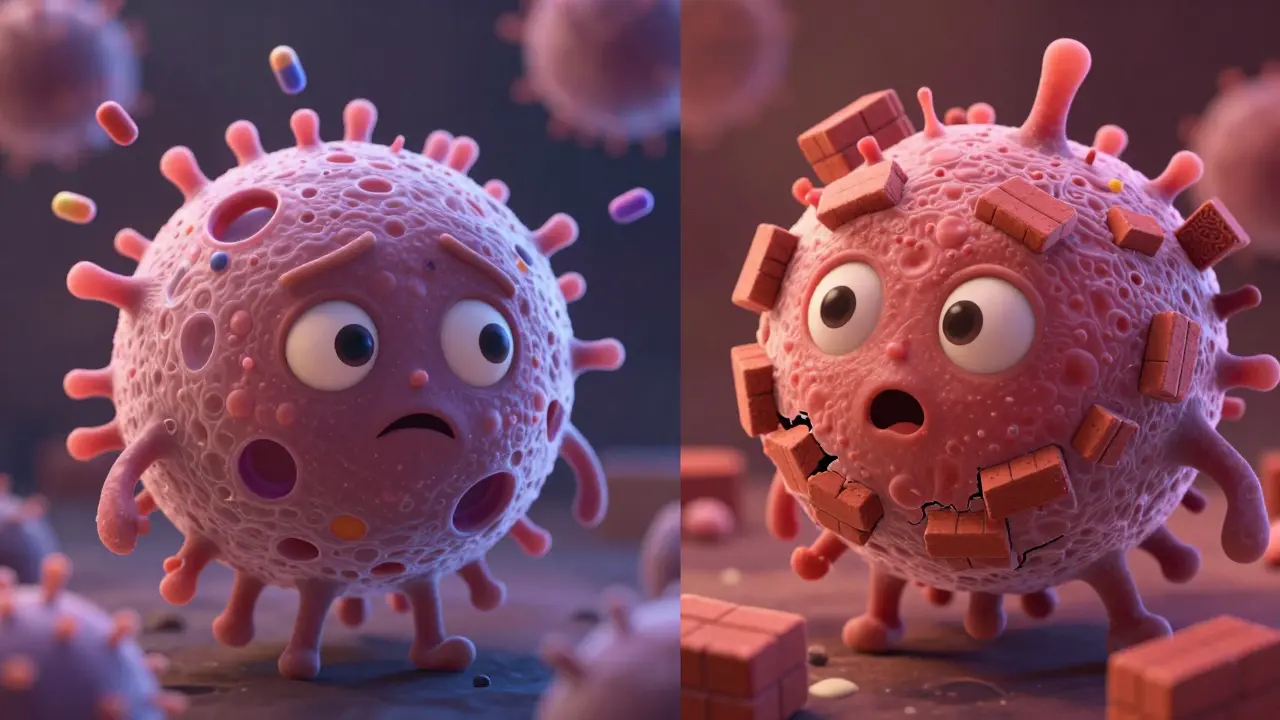 Cartoon fungal cells showing membrane damage versus cell wall breakdown mechanisms.