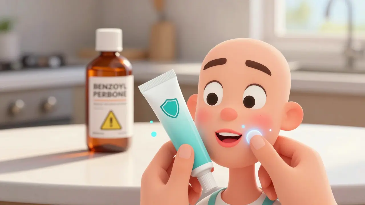 Character choosing correct antiviral cream over harsh acne treatment