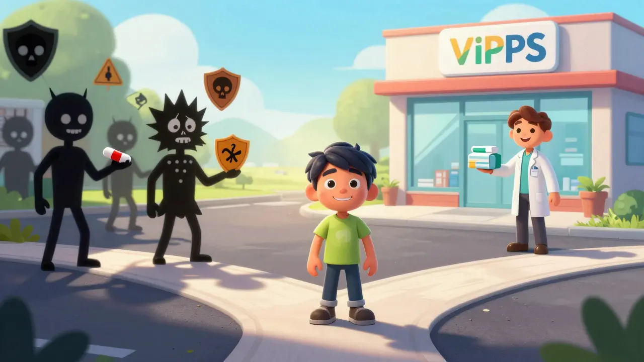 Character choosing safe verified pharmacy path over dangerous fake pharmacy options.