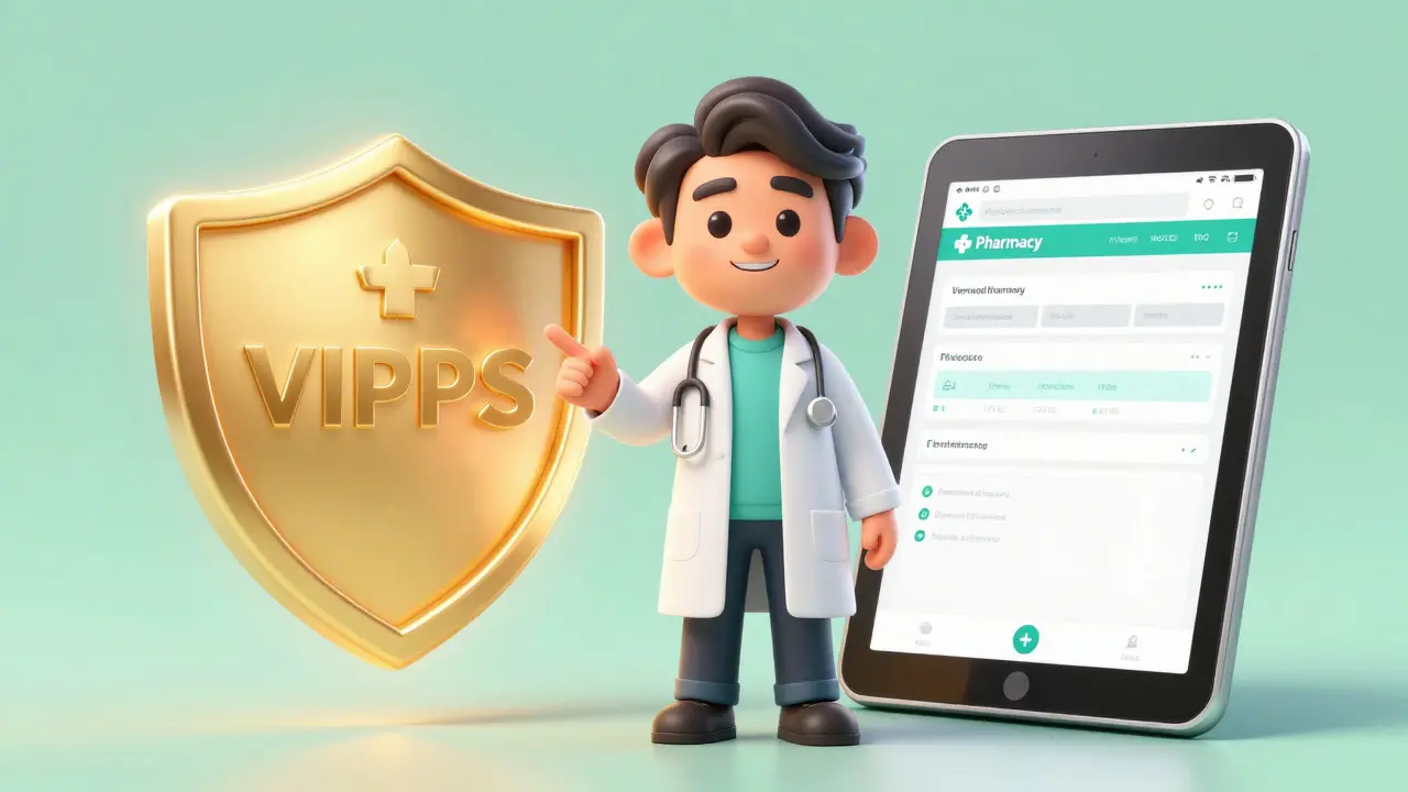 Friendly doctor showing VIPPS seal on tablet for safe pharmacy