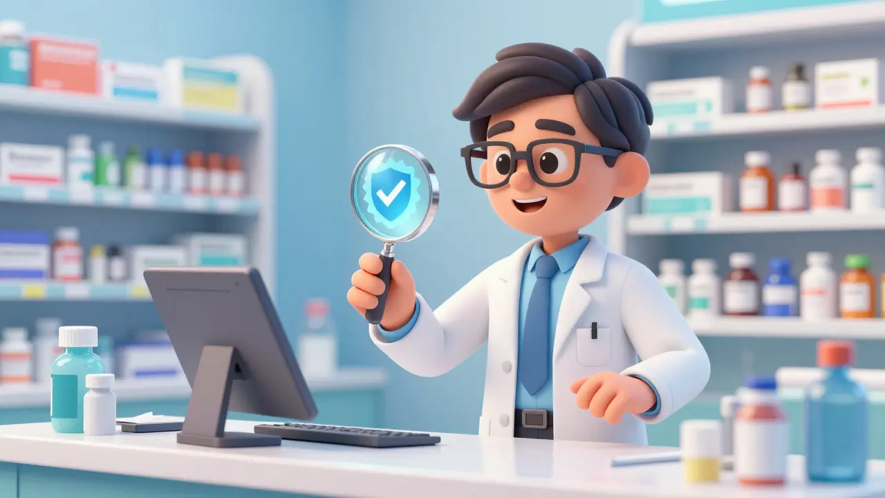 Friendly pharmacist checking safety seals on a tablet