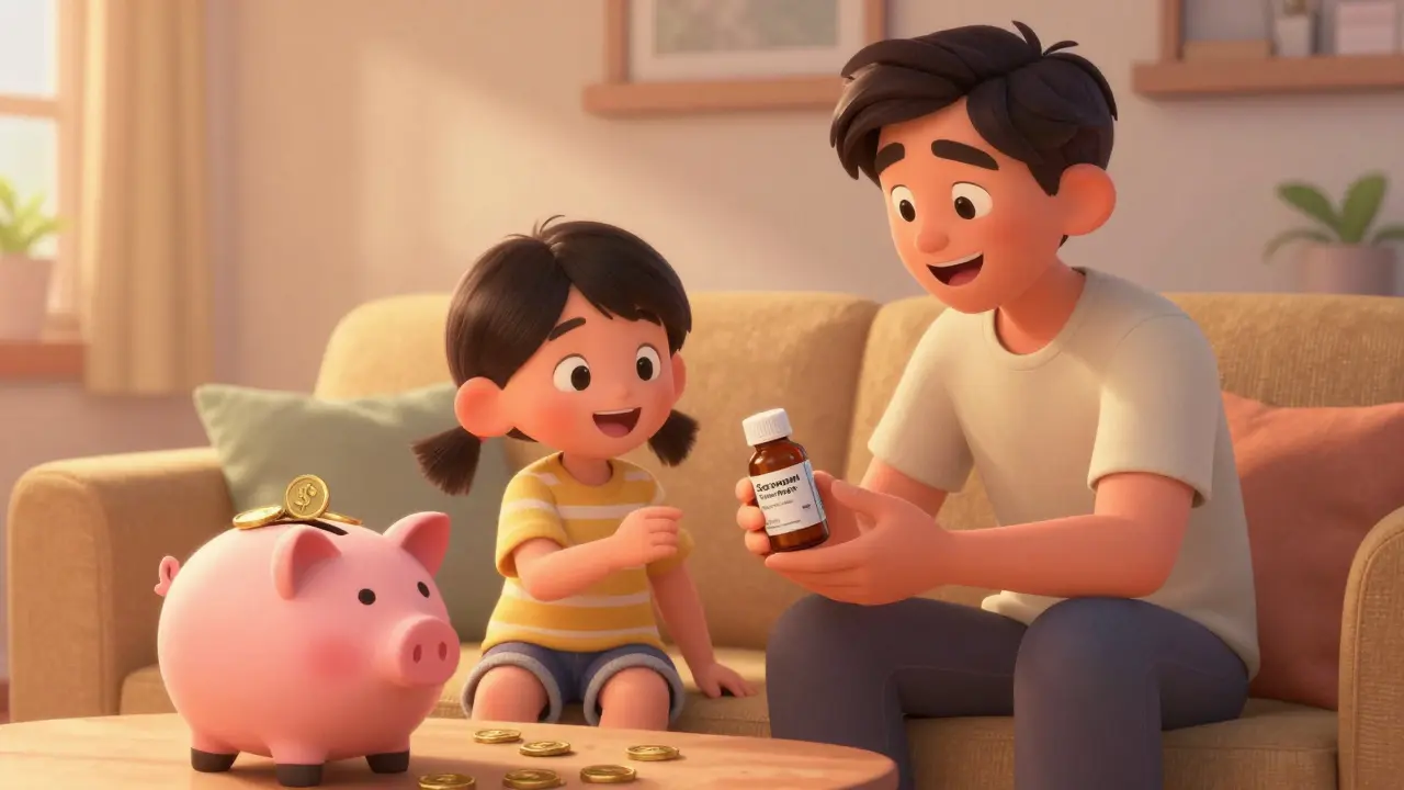 Happy family saving money by using store-brand medications at home.