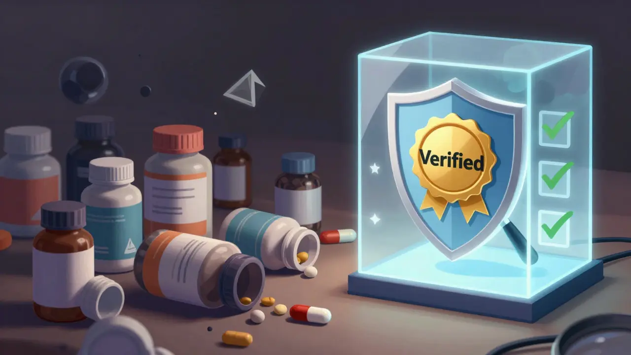 Illustration comparing unregulated supplements to verified pharmaceuticals