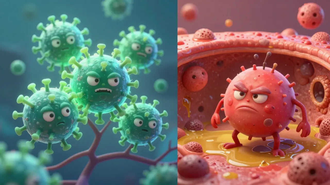 Illustration comparing virus clusters versus clogged pore bacteria