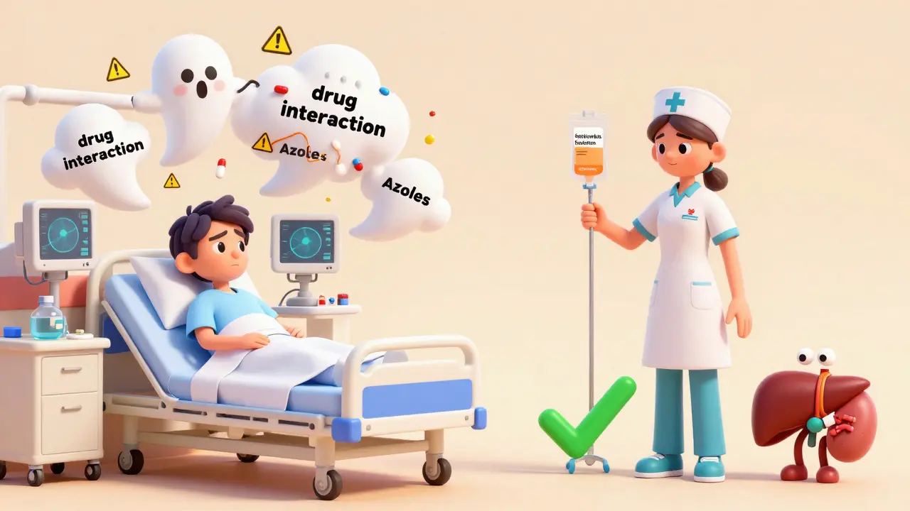 Illustration contrasting drug interaction risks of azoles with the safety of echinocandins.