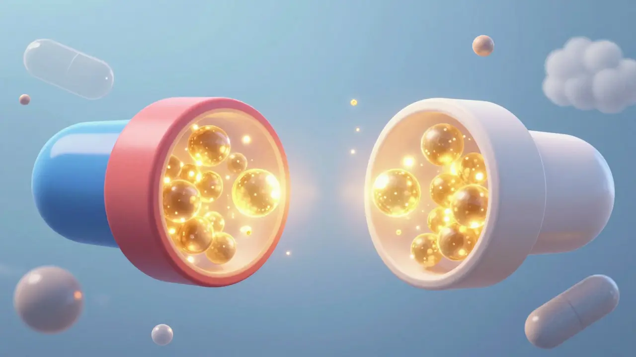 Illustration showing identical active ingredients inside different looking pills.