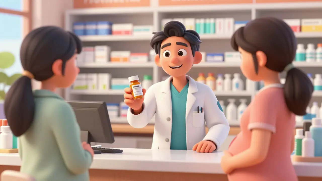 Pharmacist reassuring pregnant patient about generic medication