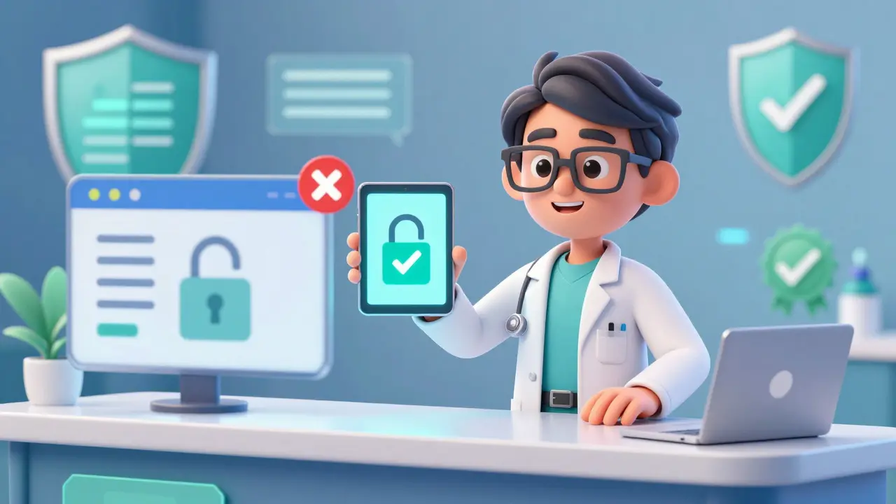 Pharmacist verifying safe online pharmacy practices
