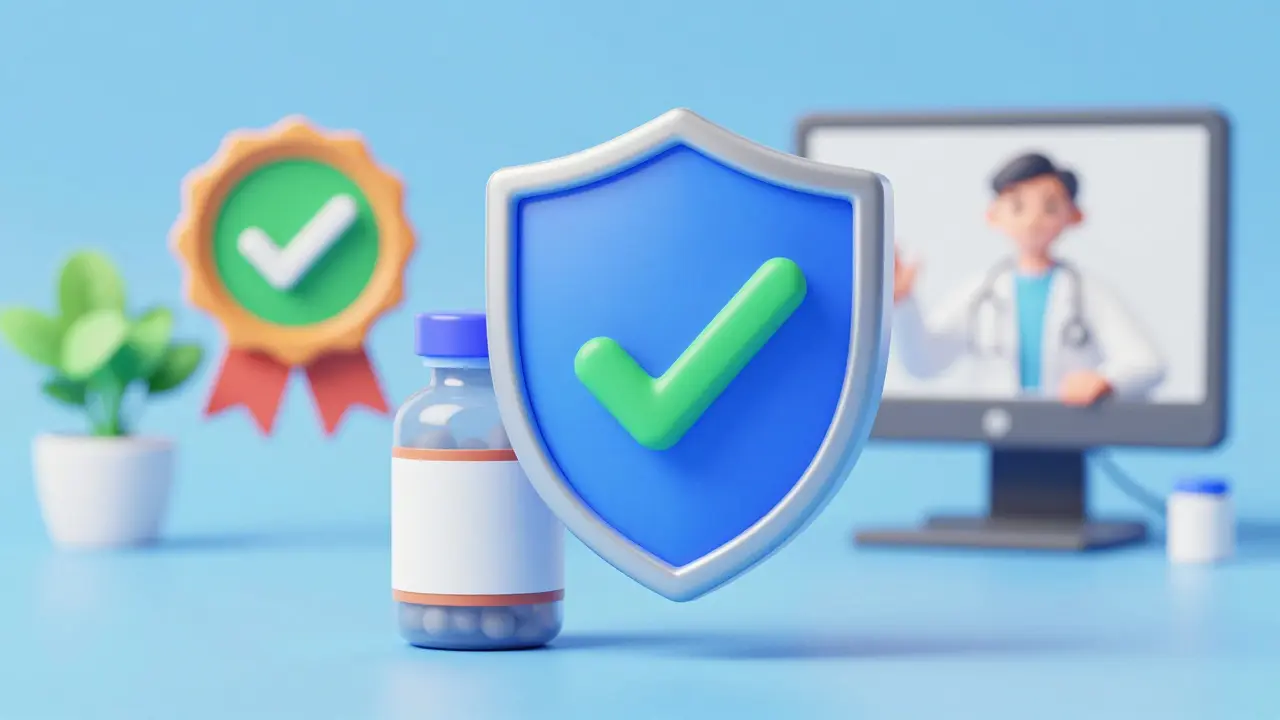 Shield icon verifying safe and legitimate online medication source