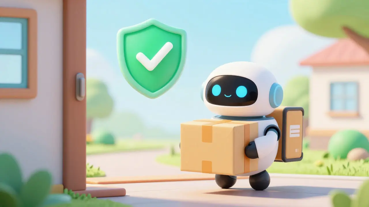 Animated package arriving with safety shield icon for secure delivery