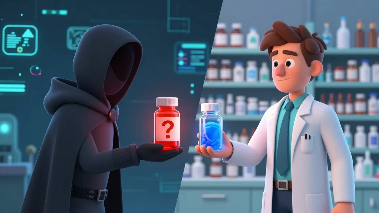 Cartoon comparison of shady fake drugs versus safe verified pharmacy meds