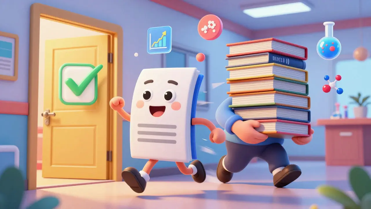 Cartoon document character running fast past slow paperwork pile