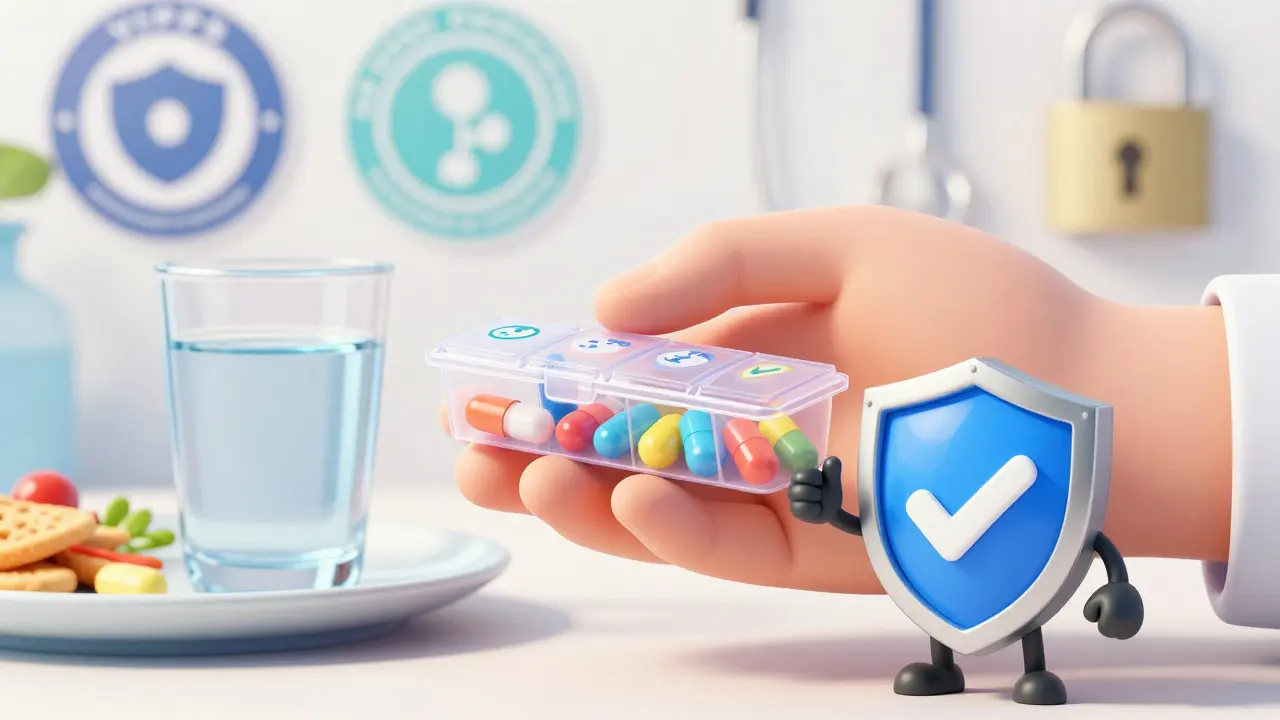 Cartoon hand holding pills with a safety mascot and food nearby