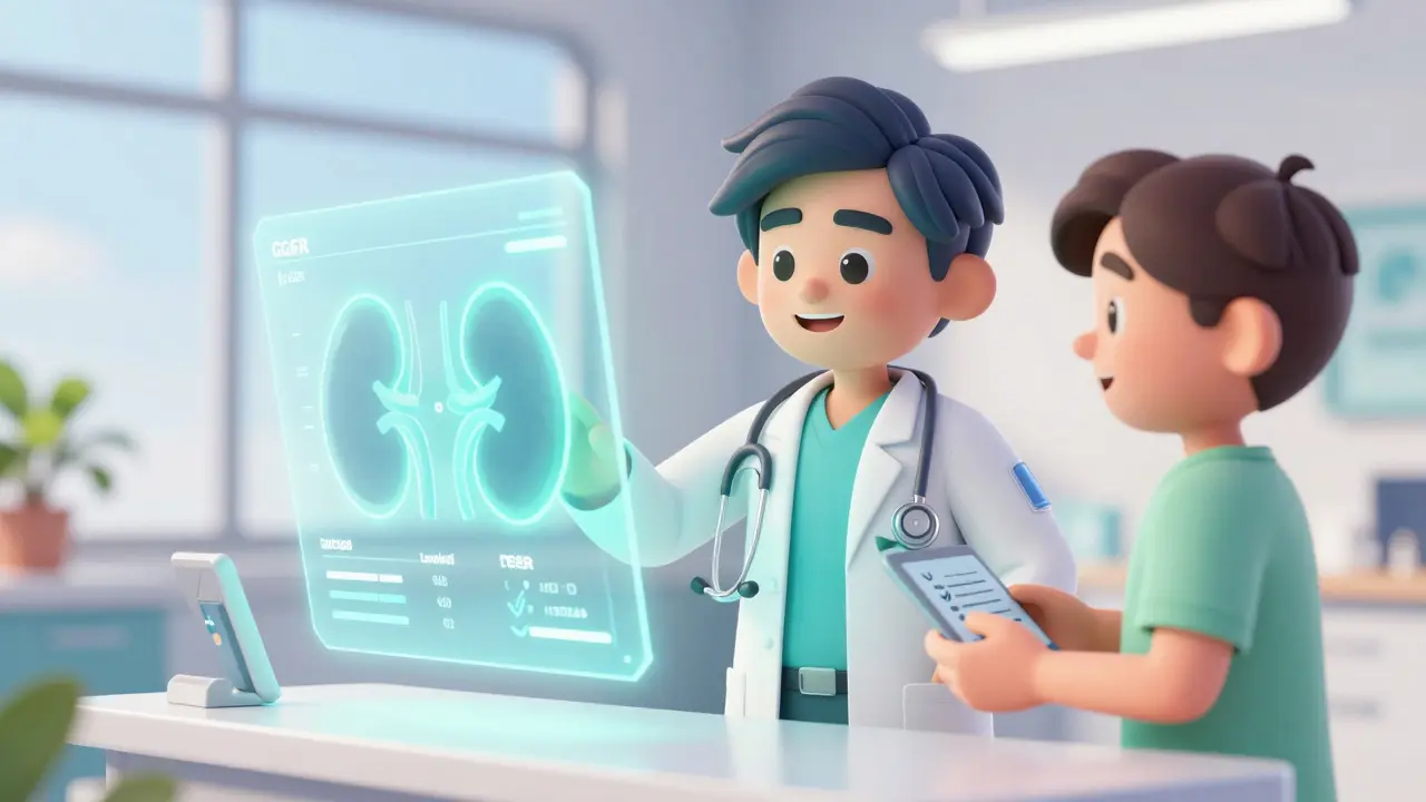 Doctor and patient reviewing safe medication data on a glowing holographic screen.