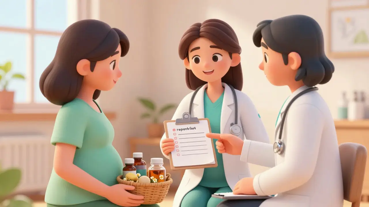 Doctor discussing herbal supplement safety with pregnant patient