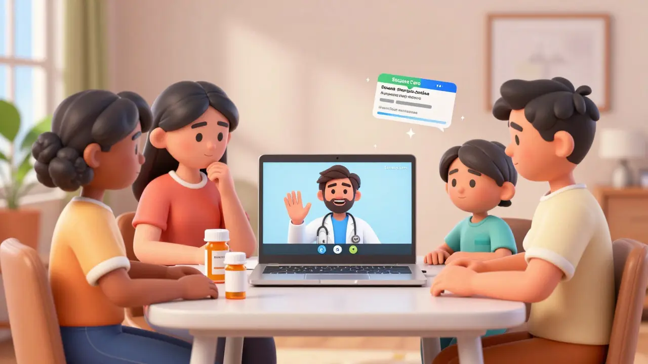 Family using laptop for online doctor consultation and pharmacy pickup